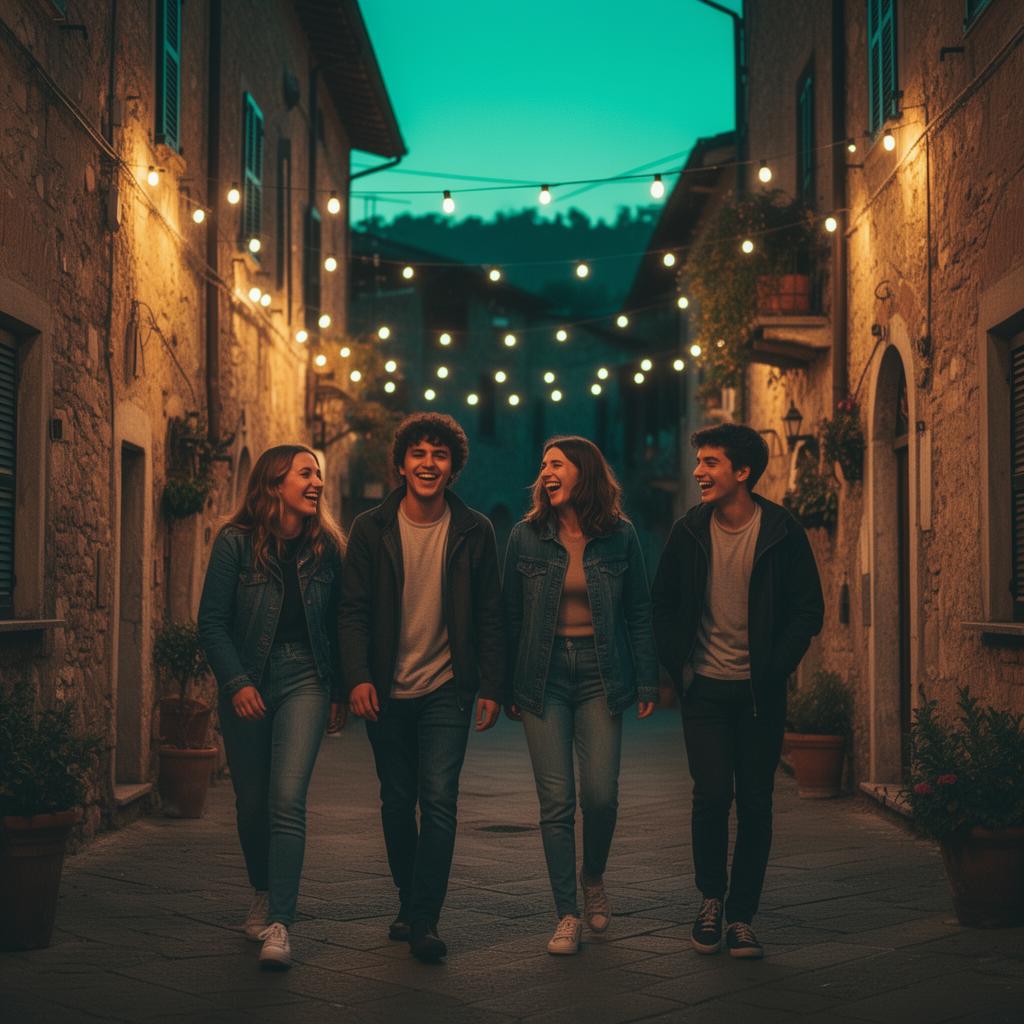 Gruppo di amici che cammina la sera in un piccolo paese